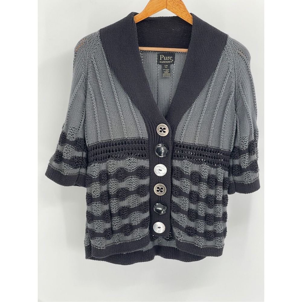 Pure Handknit Sweater Women Small Medium Gray Black Crochet Short Sleeve